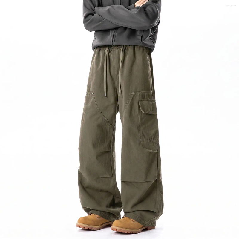 Autumn Cotton Men's Elastic Waist Wide Leg Pants Double Knee Structure Pocket Cargo Korean Street Y2K Trousers