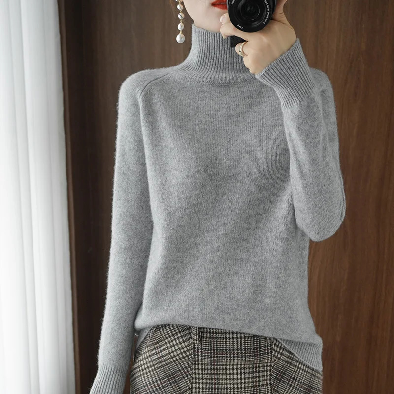Autumn Winter Mock-Neck Merino Wool Pullover Basic Casual Cashmere Sweater Comfort Womes Raglan Sleeve Clothing Tops 260921