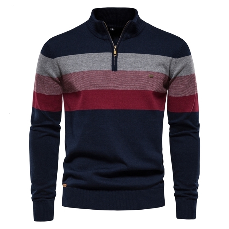 AIOPESON Men's Patchwork Pullover Sweater Cotton Casual Zipper Mock Neck for Men Winter Fashion Warm 260920