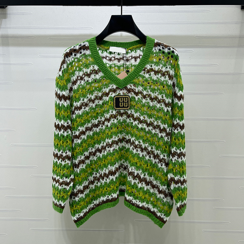 Y2K Style Women Green Striped Sweater Designer Hollow Mesh V Neck Drop Shoulder Loose Pullover Autumn Breathable Vacation Travel Vintage Knit Top