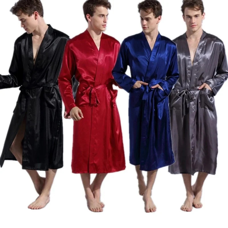 Abito da uomo in raso con scollo a V Kimono Accappatoio lungo Pigiama Abiti da notte di Natale per la festa di nozze Vestaglia da uomo Pigiama 26092