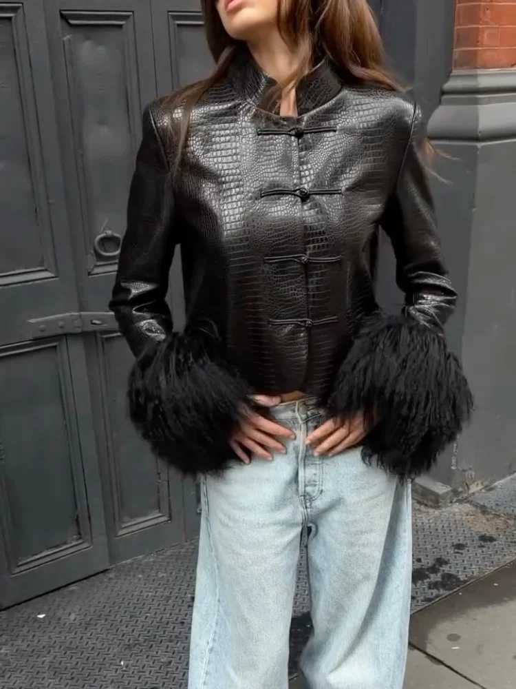 Black Faux Women Leather Jacket Stand Collar Frog Buttons Fluffy Fur Cuff Long Sleeve Cropped Coat Y2k Streetwear Outerwear C260921