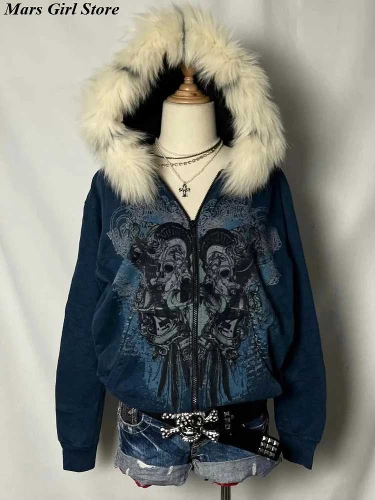Women's Jackets Vintage Casual Chic Tops American Retro Y2k Harajuku Spice Girls Hoodie Women Loose Long Sleeve Skulls Fur Collar Zipper Coats