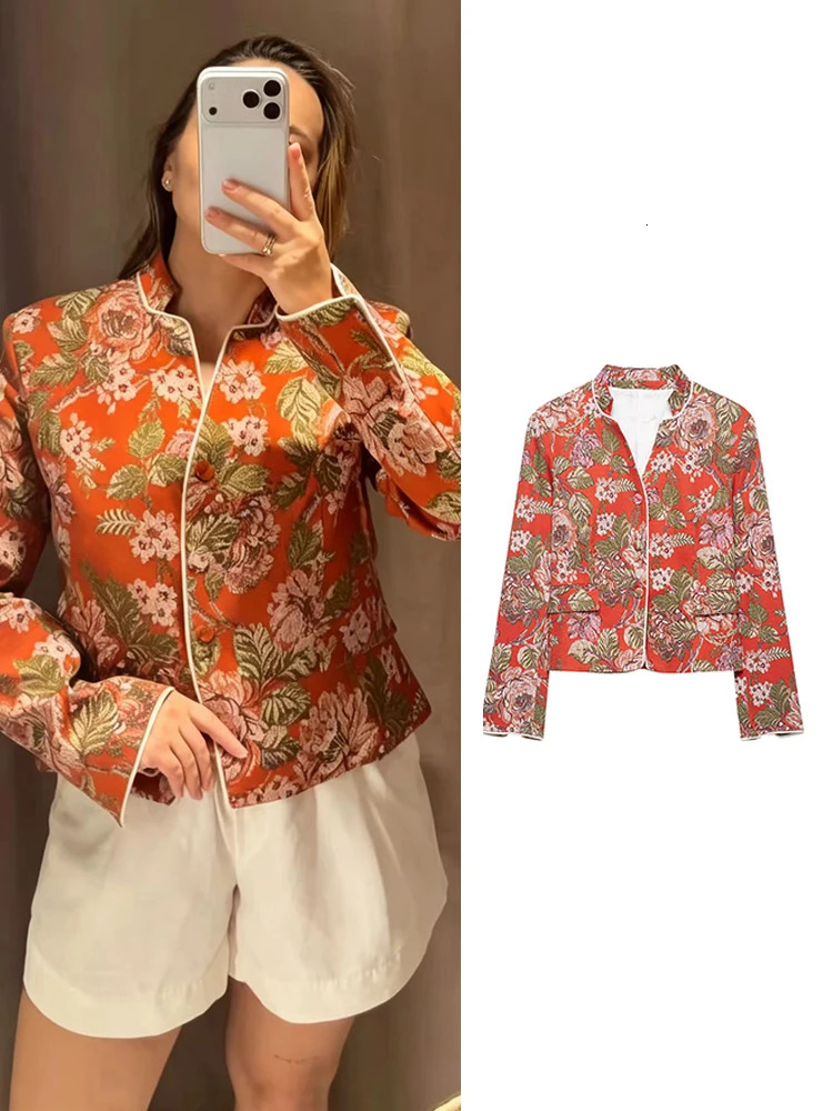 Women Vintage Blazer Stand Collar Single Breasted Long Sleeve Slim Jacket Fashion Office Lady Floral Elegant Autumn Outerwear 260922