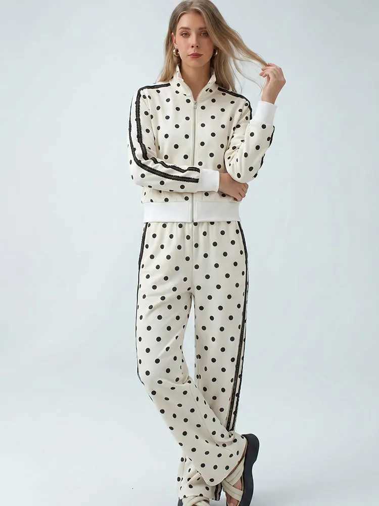 White HH Womens Baseball Sets Polka Dot 2 Piece Stand Collar Zip Crop Jacket Wide Leg Elastic Waist Pants High Street Casual Vacation Suit N260922