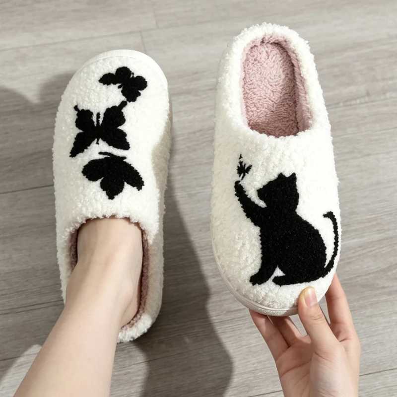 New Autumn Winter Cotton Slippers For Women Men Lovely House Shoes Warm Plush Cute Cartoon Cat Couples Home Fluffy Footwear T260922
