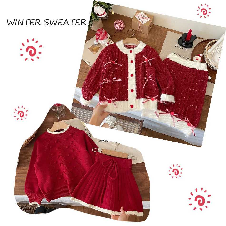 Outfits Christmas Pullover Baby Girls Red Thickened Knitted Sweater and Skirt Girls Handmade Pom-pom Knitted New Year Sweater Set C260921