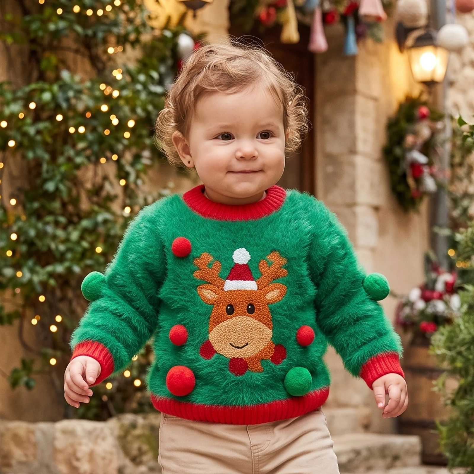 Baby Pullover Autumn Winter Toddler Christmas Furry Sweaters Long Sleeve Round Neck Reindeer Plush Ball Decor Tops Knit Pullover Tops C260921