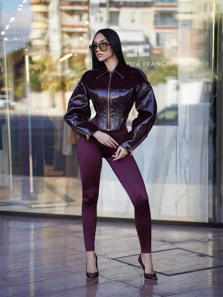 Retro Coated Women Cinched-waist Leather Jacket Lady Casual Lapel Full Sleeve Zipper Fishbone Coats New Party High Street Coat C260921