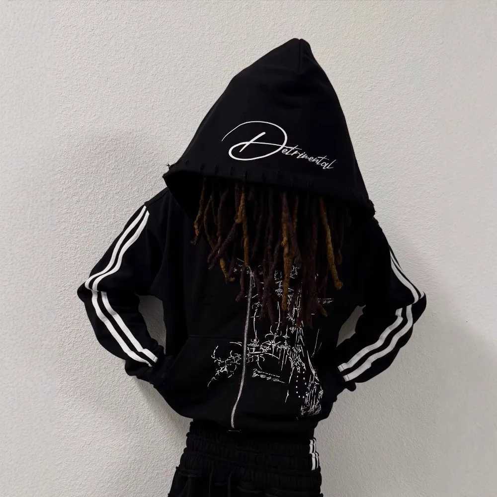 Tracksuits Autumn and Men's winter niche dark retro style zipper hoodie printed pattern design ins with the same paragraph unisex hoodie. J2609