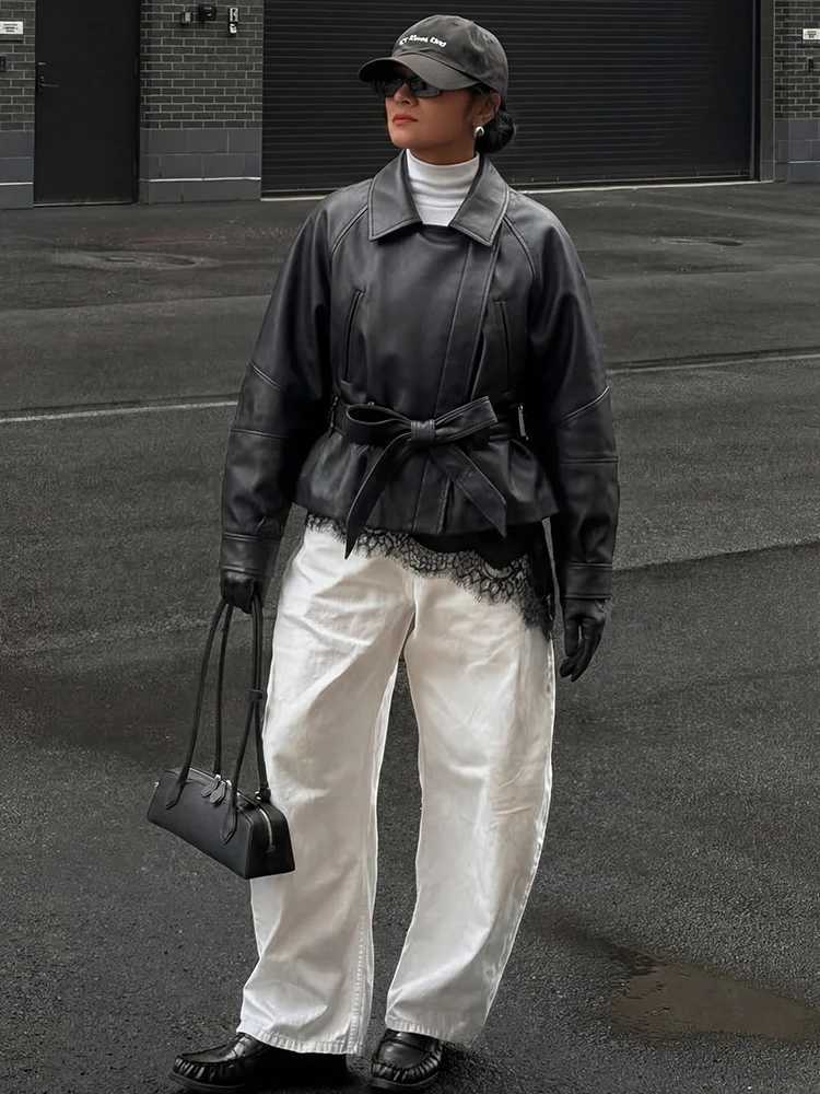 Vintage Women HH Black Faux PU Leather Belted Jackets Spring Autumn Female Long Sleeve Lapel Zipper Lace Up High Street Coats C260921