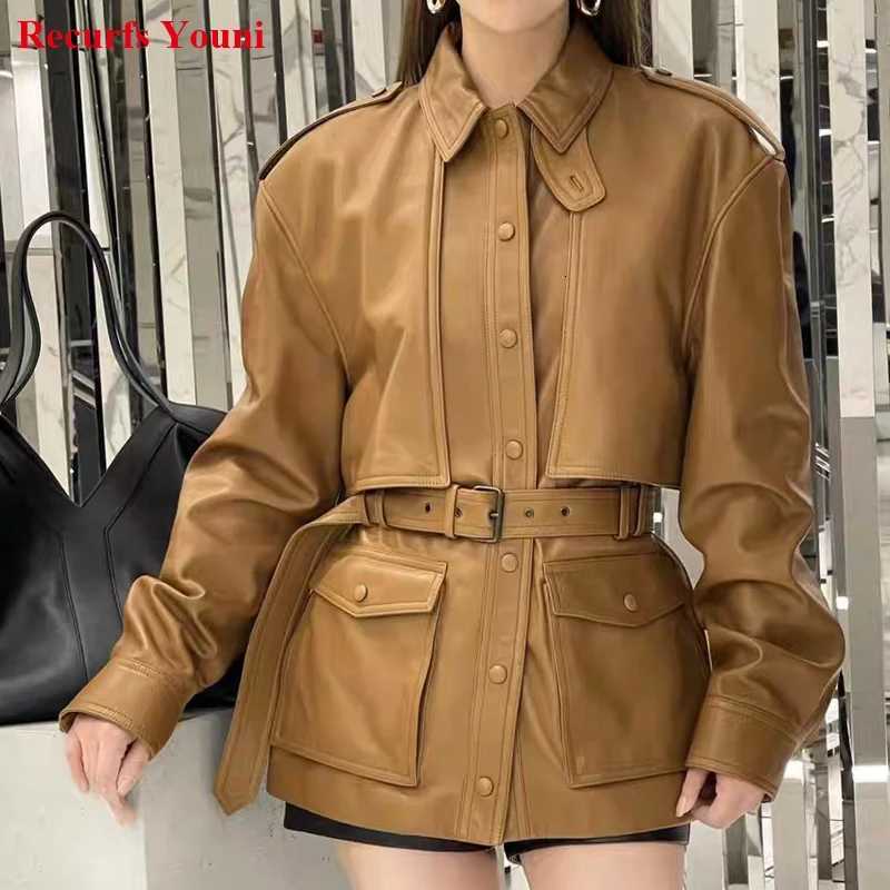 Leather Faux Women's Leather Winter Genuine Leather Outwears For Women High Quality Female Large Pocket Epaulet Belt Mid Long Jacket Female War