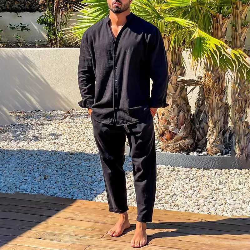 Tracksuits Fashion Simple Men's Casual Sports Suit Men's Linen Breathable Solid Color Long-sleeved Stand Collar Shirt And Trousers Two-pie