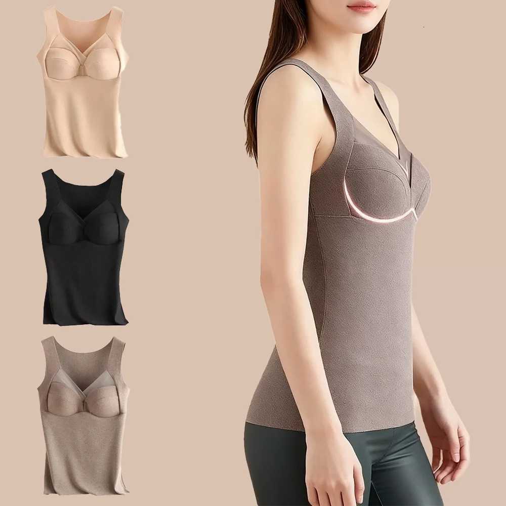 Thermal Underwear Women's 2pcs Women's Thermal Vest Builtin Bra Seamless Thermal Fleece Lined Warm Tank Top Ladies Sleeveless VNeck Therma