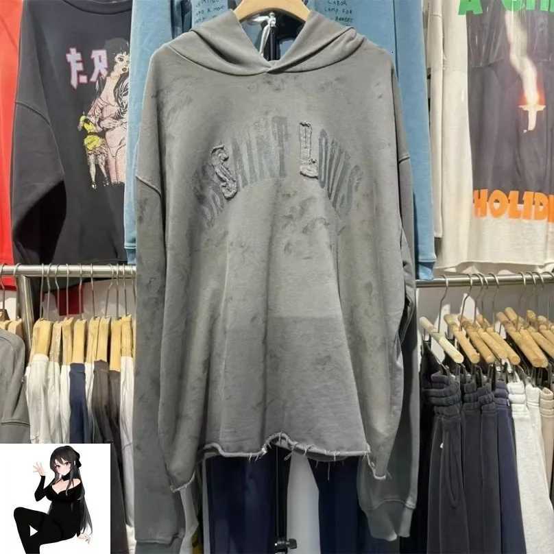 Men's Hoodies Sweatshirts Classic Outdoor Sssaint Louis Hoodie Knife Cut Hem Sweatshirts Men Women Blue Gray High Quality Washed Distreeed Pull