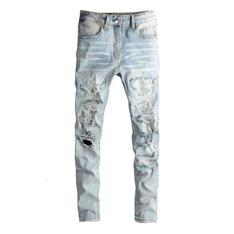 Crystal Men Ripped Patchwork Strtwear Light Blue Denim Skinny Pencil Pants Trousers S260922UJ0D