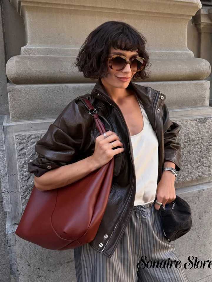 Vintage Dark Women Brown Leather Jacket Casual Stand Collar Zip Up Pocket Long Sleeve Loose Outerwear Streetwear Winter Coat New C260921