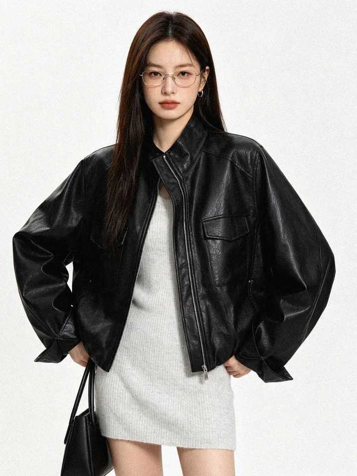 Style Retro Korean Short Biker Jacket Stand Collar Slim Fit Leather Coat for Women Autumn 2026 Fashion Casual Wear C260921