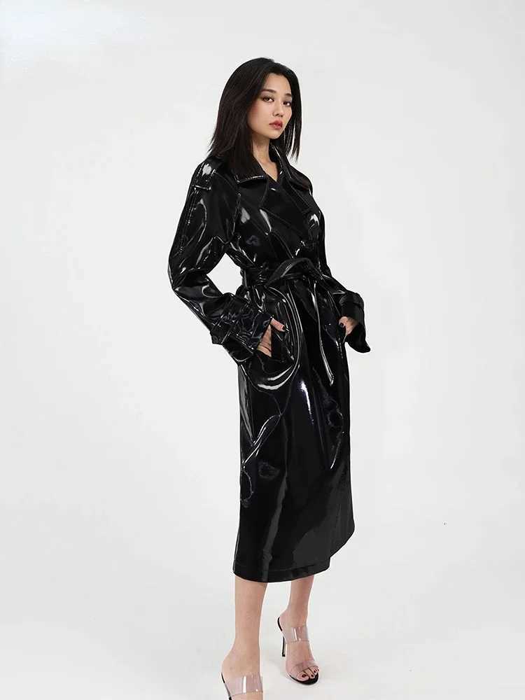 Leather Shiny Patent Turn-Down Collar Trench Coat with Belt for Women Gothic Faux Latex PU Long Sleeve Overcoat Winter Custom C260921