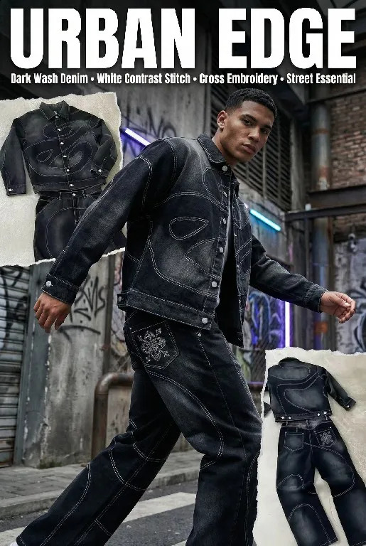 Men Y2K Denim Jacket Pants Set Dark Wash White Contrast Stitch Embroidery Street Wear Two Piece Outfit Matching Suit Hip Hop Set 260921