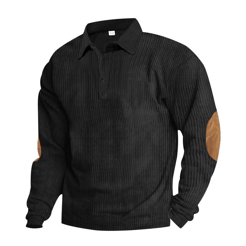 Polo texturé à manches longues en tricot côtelé pour homme, col à revers, col partiellement boutonné, patch sur le coude, pull ajusté décontracté