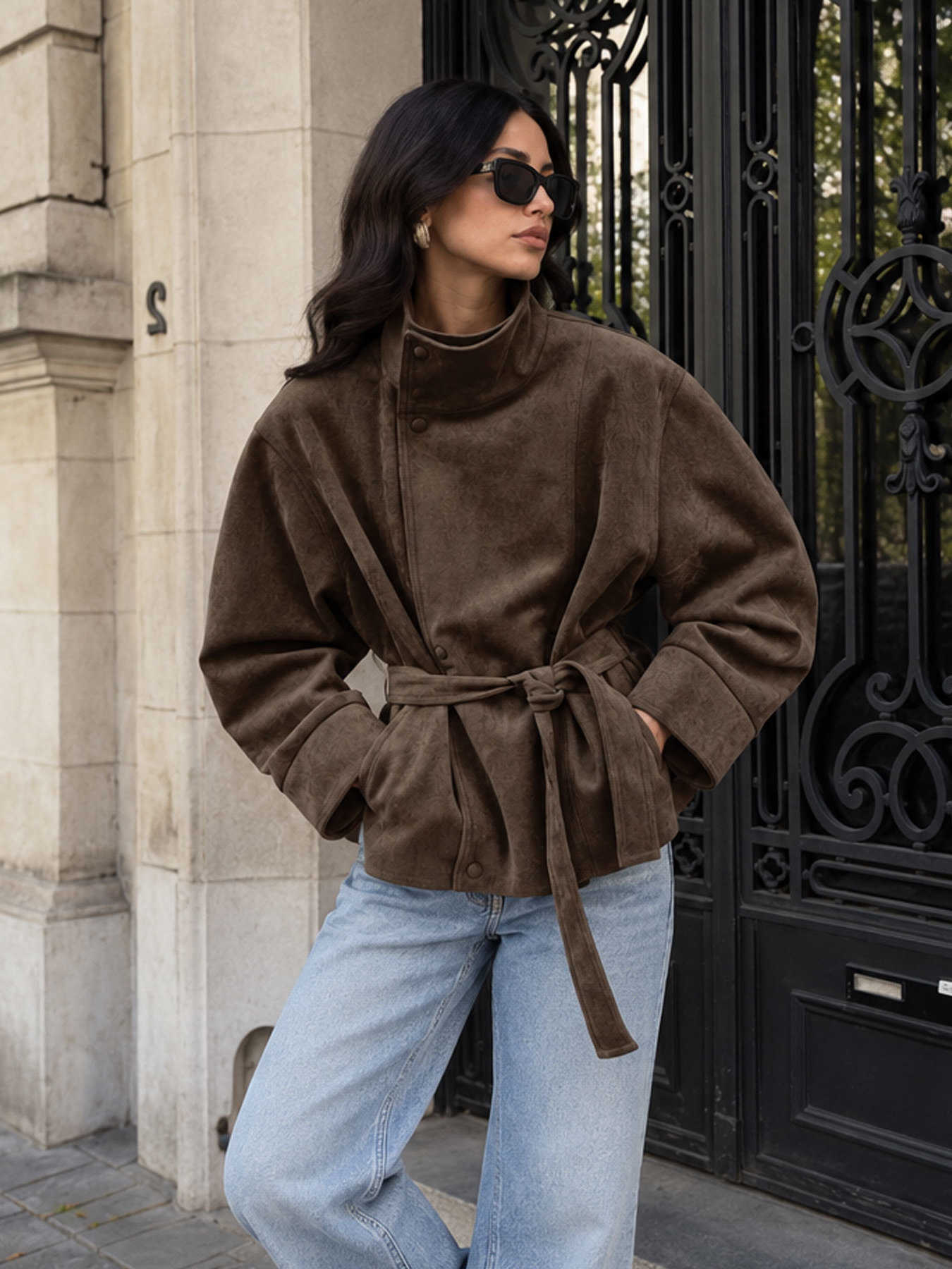 Women HH Elegant Fashion Solid Faux Suede Coat Stand Collar Long Slve Belt Jacket Autumn Winter Casual Woman Chic Strtwear S260922AI7E