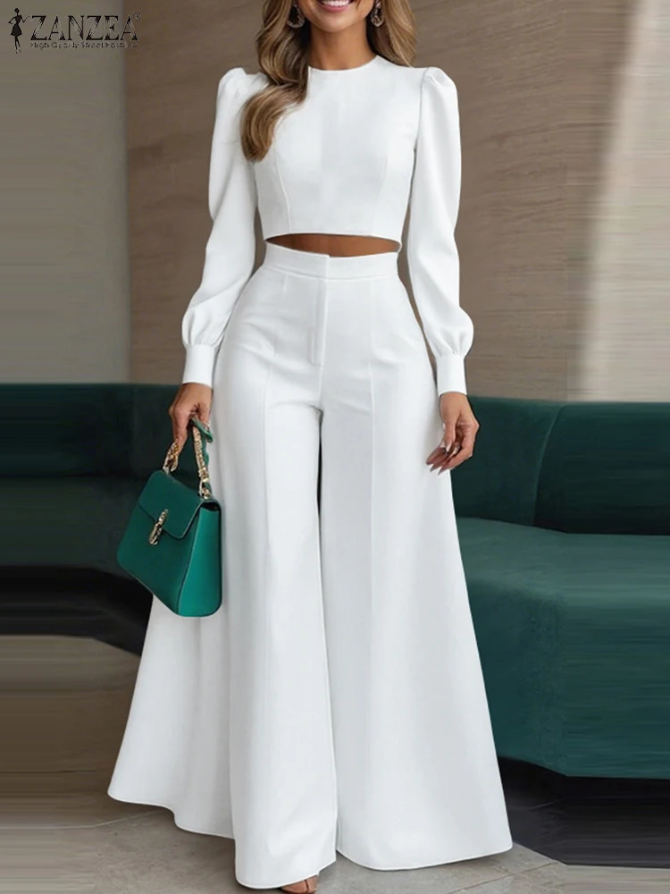 ZANZEA Autumn Pant Sets 2PCS Women Outfits Long Sleeve Cropped Tops Wide Leg Trousers Solid Tracksuits Suit Matching 260922