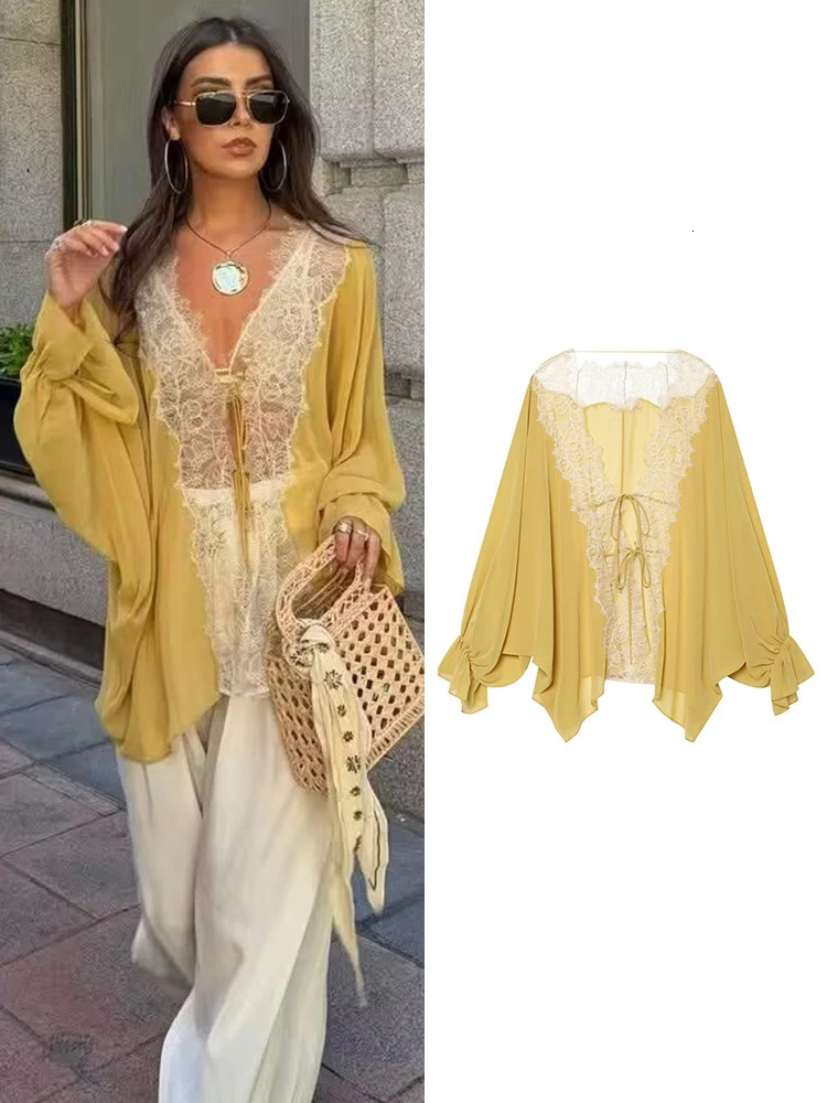 Ladies Fashion Lace Patchwork Lantern Long Sleeve Blouse Shirt Women Top Tieup Loose Elegant Outfits High Street Shirt Female 260922