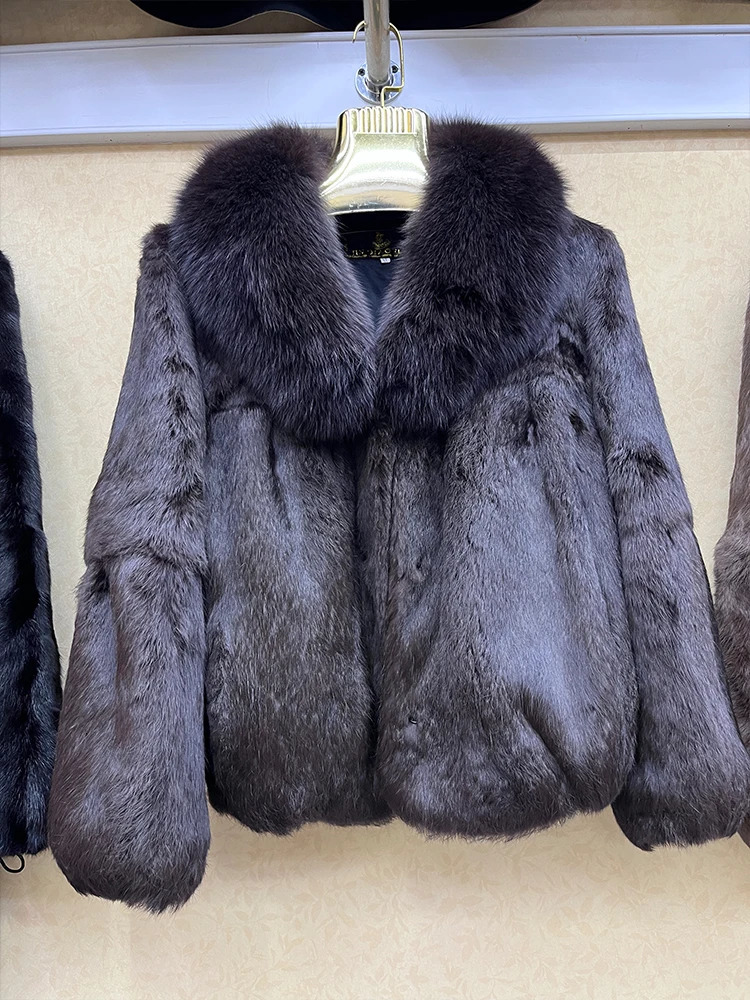 100% Genuine Whole Skin Rabbit Fur Coat With y Natural Fox Fur Collar Jacket Full Pelt Rabbit Fur Overcoat 260920