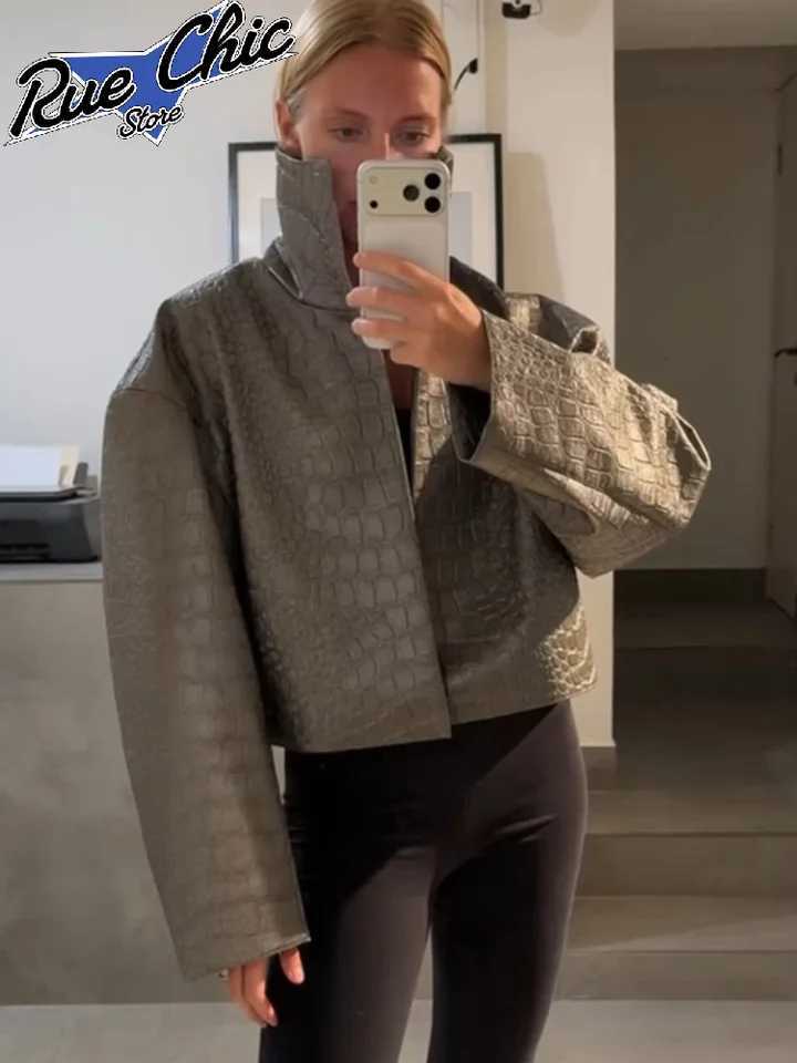 Cropped Pu Solid Leather Jackets Women Chic Stand Collar Wide Flare Sleeves Wrap Open Front Coats 2026 Autumn Loose Outwear New C260921