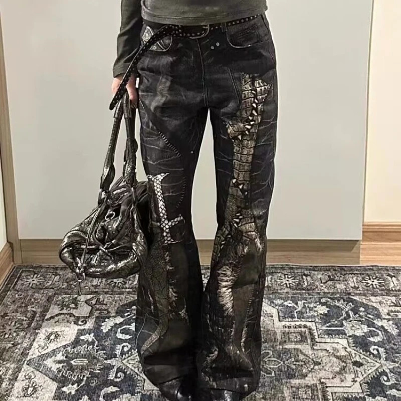 American Vintage Full Length Bootcut Jeans Sexy Women Casual Print Patchwork Denim Zipper Gothic Style Streetwear Autumn 260921