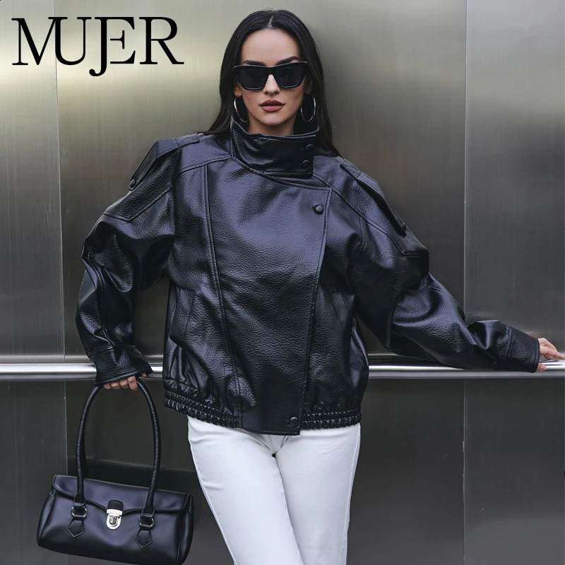 MUJER Faux Leather Women's Jacket Black Oversize Bomber Jackets for Women Outerwears Winter Overcoat Female Fashion Jacket Woman 260921