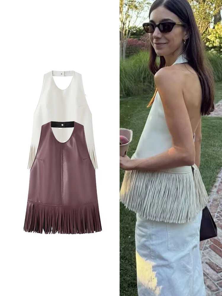 Women's Faux TFMLN Leather Tassel Vests Slim Sleeveless Backless Halter Tops New Ladies Summer Solid Streetwear Tank Tops C260921
