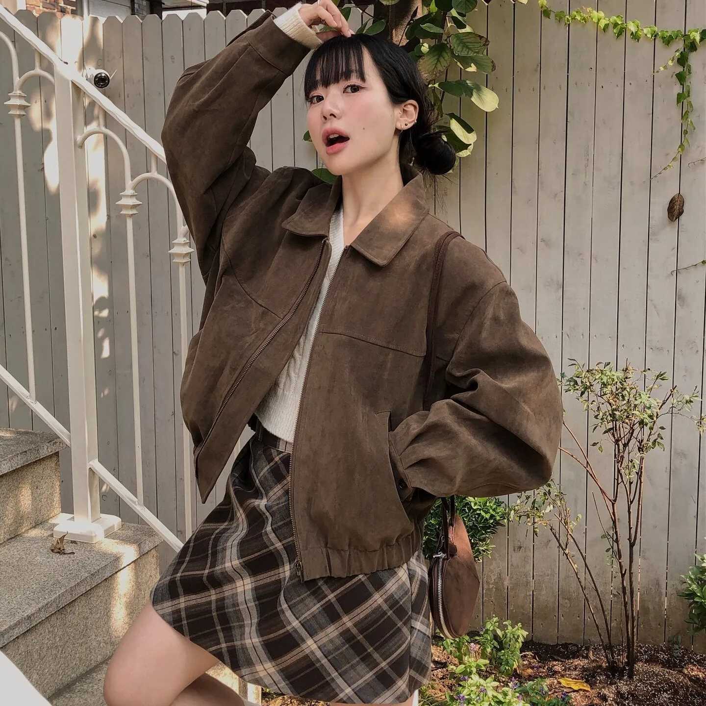 Autumn Winter Retro Loose Casual Pocket Long Sleeve Suede Baseball Jacket Coat Women's Fashion Leather Coat without Brand C260921