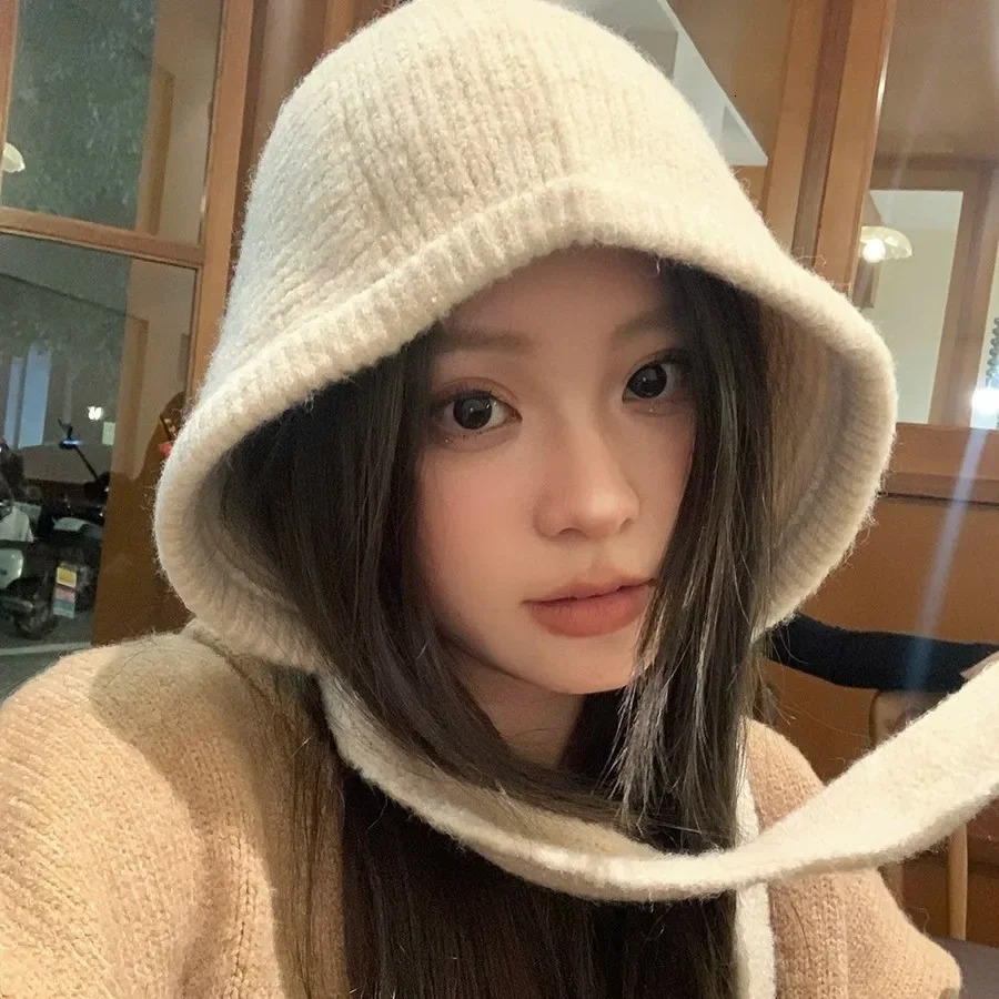 Korean Knitted Beanies Cap for Women Winter Warm Lady Cute Balaclava Cap Y2K Solid Color Strap Hooded Hats Christmas Bonnet 260920
