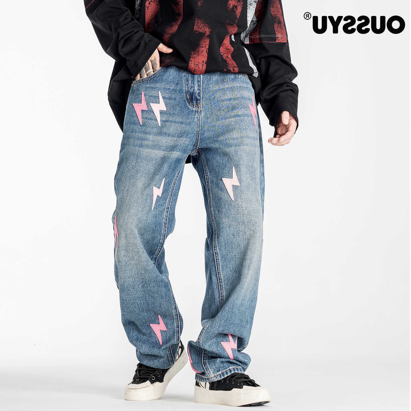 OUSSYU Men's Jeans Brand Berkeley Lightning Pattern Baggy Men's Jeans Wide Leg Washed Denim Pants Loose Casual Trousers Men Streetwear Y2k
