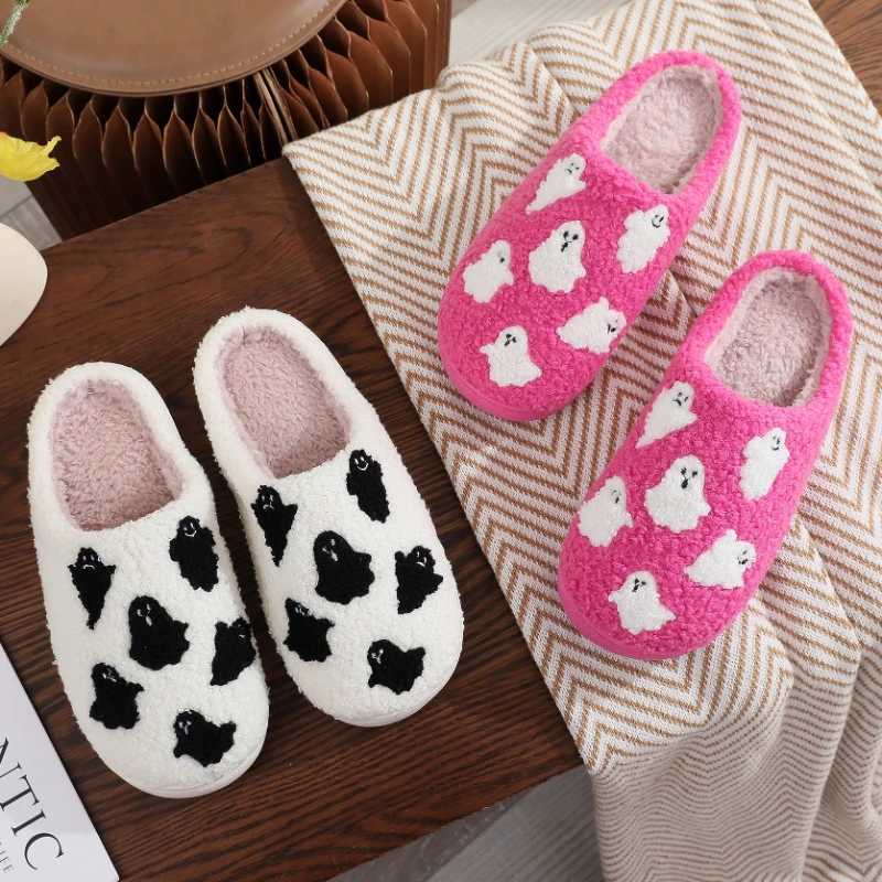 Funny Halloween Ghost Indoor Cotton Slippers For Women Men Autumn Winter House Shoes Warm Plush Plus Size Couples Home Slides T260922