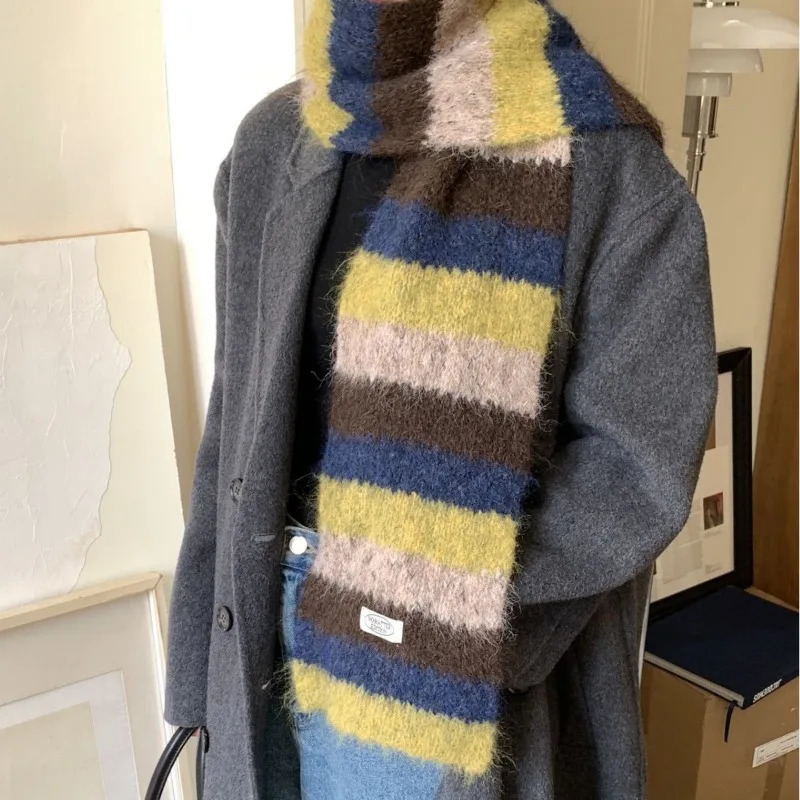 y ner Classic Color Blocking Style Dopamine Wool Scarf Women Winter Thick Soft Warm Knit Couple Muffler Men Thermal 260921