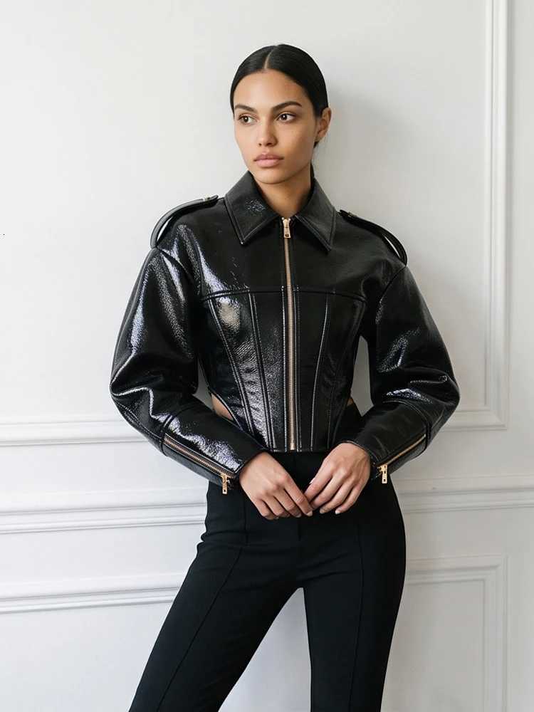Coated Cinched-waist Fashion Leather Jacket Women Retro Lapel Full Sleeve Zipper Fishbone Coats Lady Autumn Highstreet Coat 2026 C260921