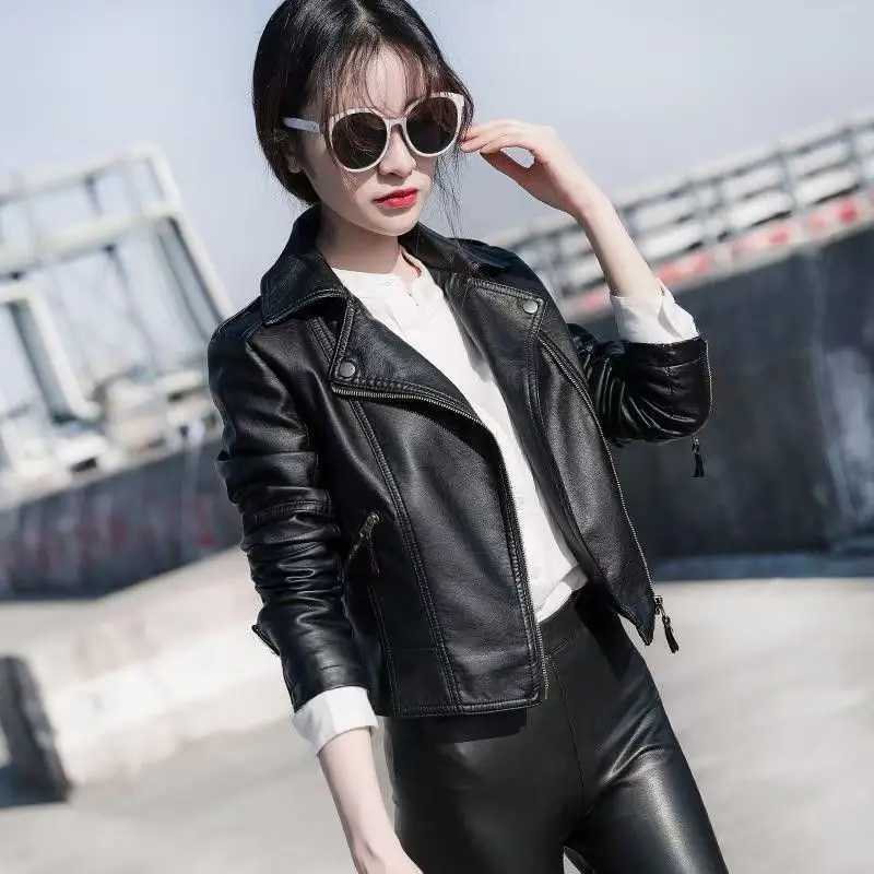 Summer Women Spring Faux Leather Jacket Black Slim Short Jackets Motorcycle PU Jackets Solid Colors Zippers Slim Short Jacket C260921
