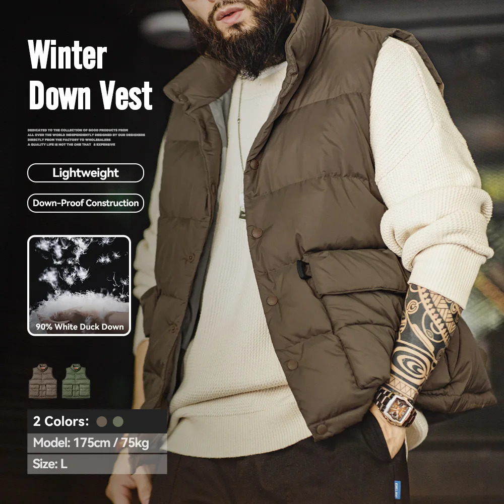 Maden Men's Autumn and Winter Down Vest White Duck Down Filling Thickened Warm Stand-up Outerwear Vests Large Double Side Pocket 260922