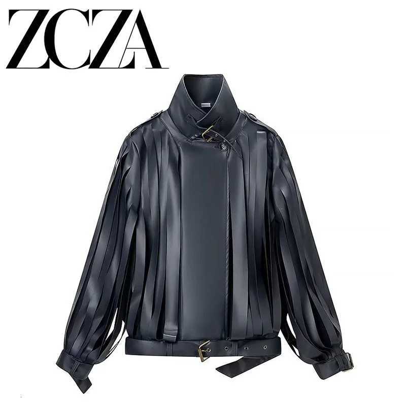 Tassels Leather Fashion Jacket Women Chic Turn-Down Collar Full Sleeve Belt Loose Lady Jackets 2026 Chic Pu Female Streetwear C260921