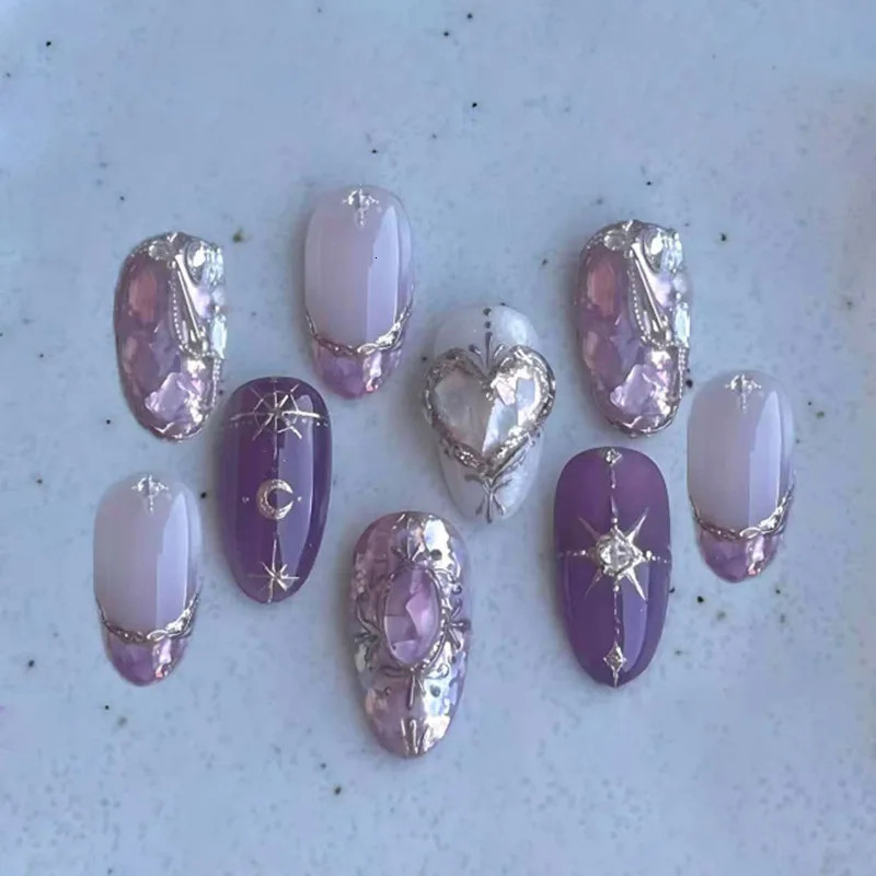 24pcs Diamond Love Nails Sets Press on Purple Short Almond False Nails Tips Wearable Rhinestone French Oval Fake Nail Art 260922