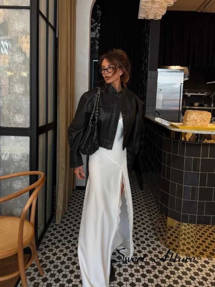 Black Faux Women Leather Cropped Jacket Stand Collar Padded Shoulder Long Sleeve Oversized Coats Vintage Y2k Fashion Outerwear C260921