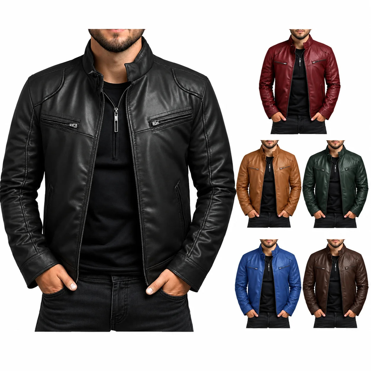Asian Size Mens Motorcycle Leather Jacket Stand Collar Punk Biker Casual Slim Fit PU Coat Riding 260922
