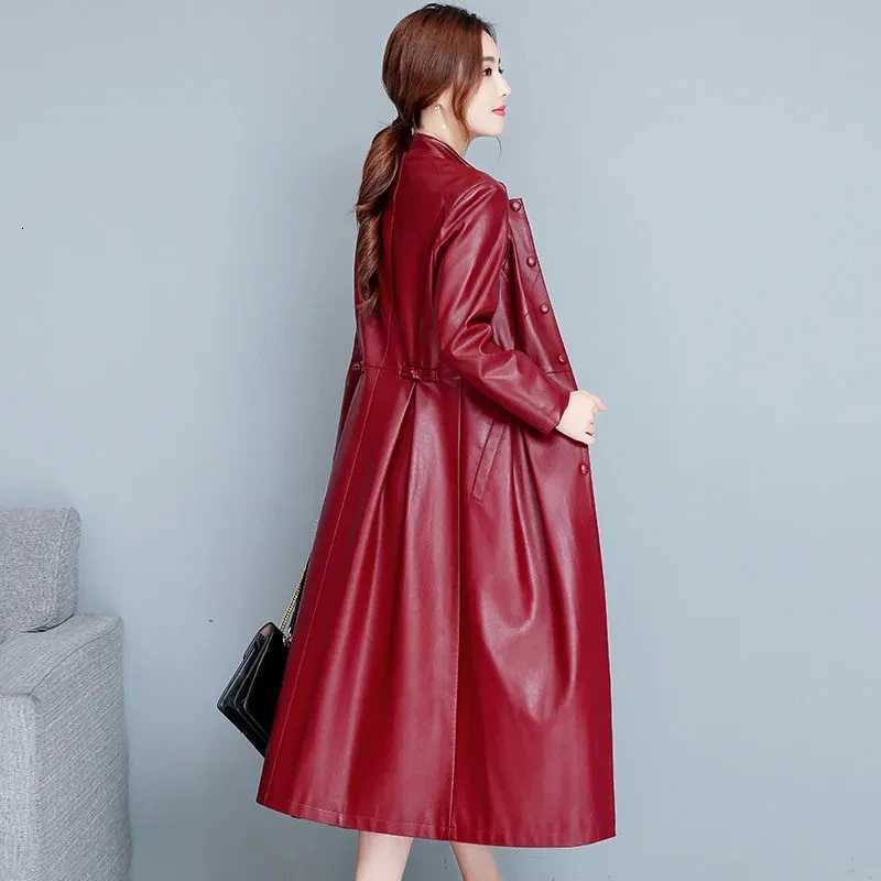 Faux Women's Leather Leather High End Leather Jacket Women's Long Korean Slim Stand Neck Trench Coat Autumn Winter Soft PU Leather Overcoa