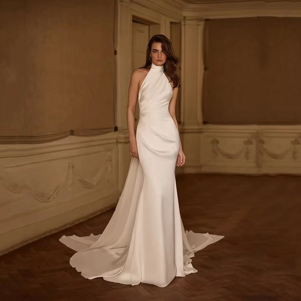 Elegant Mermaid Church Wedding Dresses Halter Cape Sleeveless Open Back Silk Satin Bridal Bride Gowns Vestidos De Novia