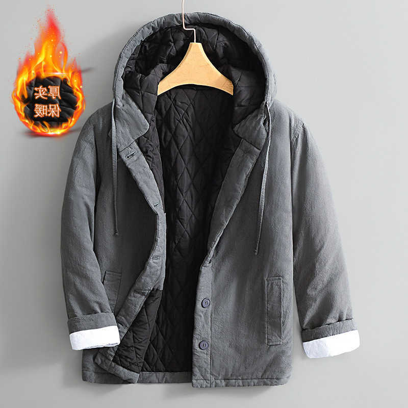 Japanese Men's Down Style Parkas Men's Thick Warm Hooded Padded Jacket Winter Vintage Solid Loose Versatile Wadded Jacket Male Outwear Clo