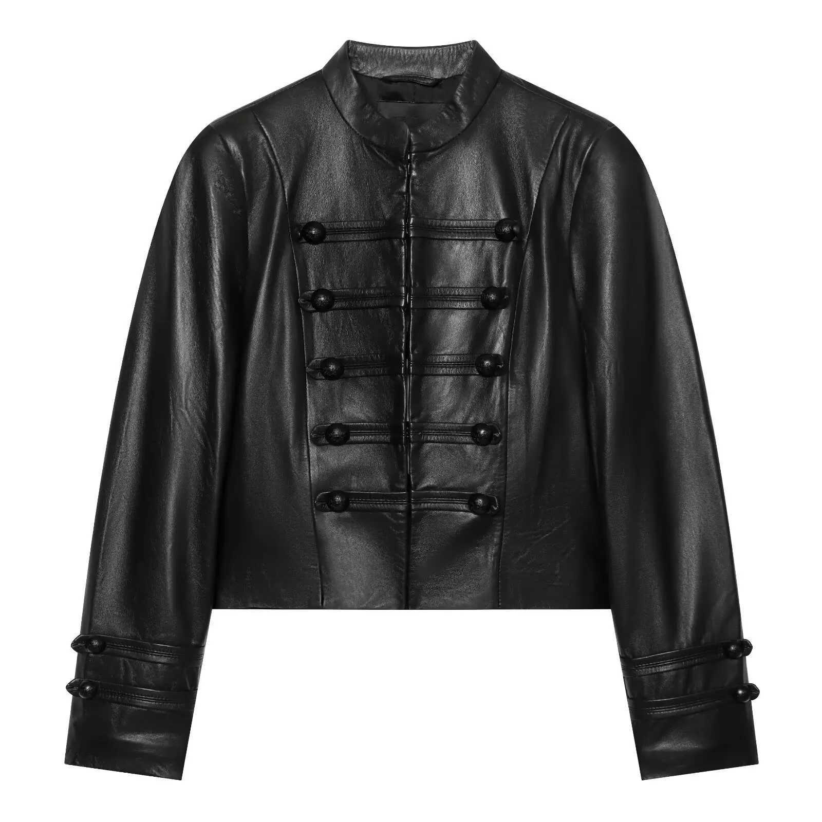 Faux Women's Leather Leather 2026 Autumn Women's High Street Black Faux Leather Short Jackets Lady Retro Napoleon Knotted Buttons PU Slim