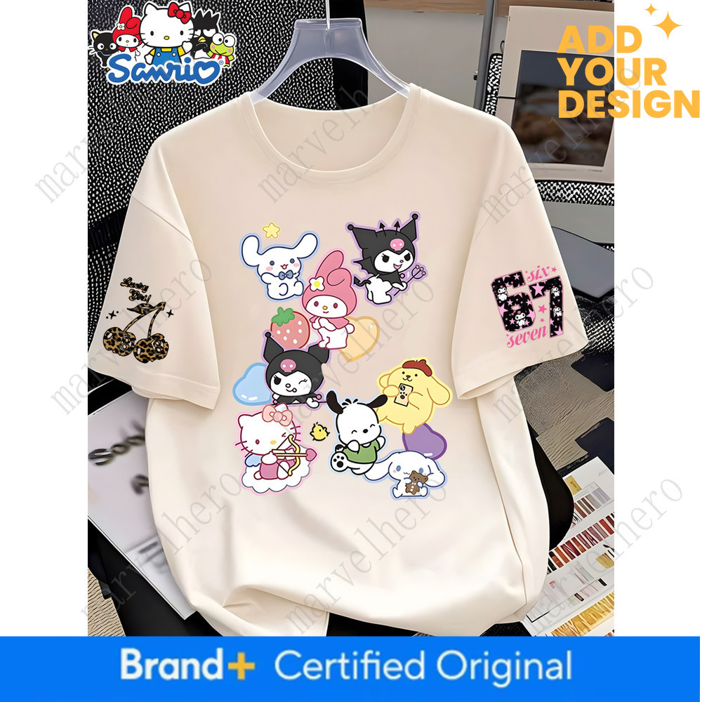 New Summer Cross Border European American Women Blouse Cute Cartoon Sanrio Co Branded Print Loose Fit Round Neck Short Sleeve Casual Top Comfortable